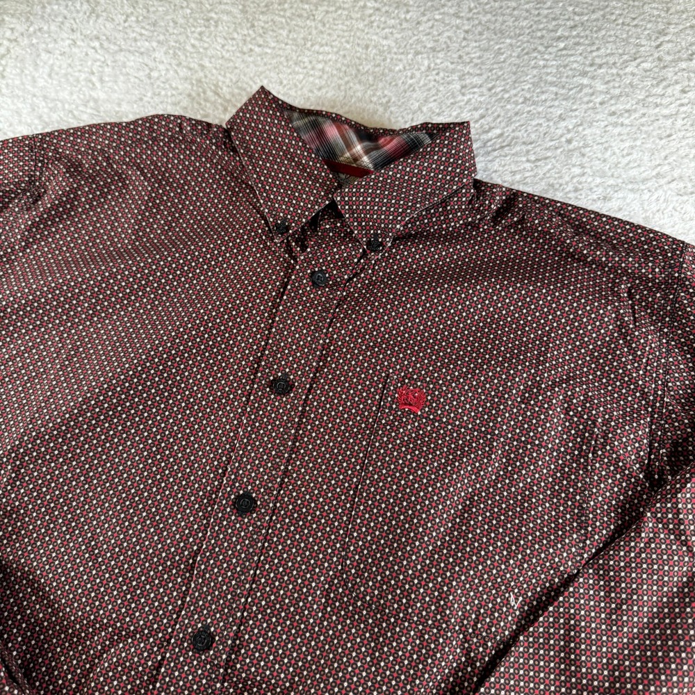 Cinch Button Down Shirt Mens Size M Red Brown Geometric Print Excellent 2933